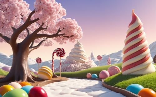 (masterpiece,  best quality:1.3),  8k,  top quality,  sweetscape,  full background,  3d,  no humans,  cinematic lighting, strong contrast, high level of detail,  spiral tower,  piping,  particles,  gummy tree,  marshmallow,  cobblestone,  plant,  grass,  hyperrealistic,  cherry blossom tree,  otherworldly,  outdoors,  (extremely high-resolution details),  wafer,  bare tree,  seeds,  lollipop tree,  sugar,  ice cream mound,  sugar cookie,  gumball machine,  striped,  bare tree. shadow,  star,  soft serve,  butterfly,  gradient, sweetscape, full background,<lora:EMS-169676-EMS:0.600000>