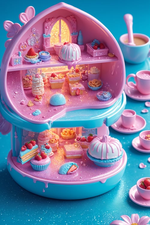(Masterpiece,  best quality:1.3),  highly detailed,  fantasy,  ,  8k,  sweetscape,  dynamic,  cinematic,  ultra-detailed,  fantasy,  polly pocket,  digital illustration,  drip,  sparkle,  food,  cute,  glitter,  scenery,  (no humans),  shimmer,  drizzle,  beautiful,  (shiny:1.2),  various colors,  bloom:0.4,  extremely detailed,  pink and blue theme,  (gradients), more detail XL,<lora:EMS-169703-EMS:0.800000>,<lora:EMS-61413-EMS:0.200000>