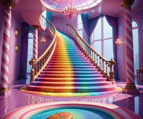 (Masterpiece,  best quality:1.3),  highly detailed,  fantasy,  ,  8k,  candyland,  dynamic,  cinematic,  ultra-detailed,  full background,  indoors,  fantasy,  illustration,  drip,  sparkle,  pancake:1.3),  high-rise staircase,  door,  widow,  curtain, syrup,  couch,  pillow,  round table, reflective floor,  glitter,  scenery,  ((no humans)),  drizzle,  beautiful,  (shiny:1.2),  various colors,  bloom:0.4,  extremely detailed,  striped,  multicolored theme,  rainbow,  (gradients),<lora:EMS-169703-EMS:0.800000>