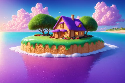 (Masterpiece,  best quality:1.3),  highly detailed,  fantasy,  8k,  sweetscape,  dynamic,  cinematic,  ultra-detailed,  sweets,  fantasy,  gorgeous,  digital illustration,  beautiful composition,  intricate details,  highly detailed,  volumetric lighting,  house,  wafer roof,  iridescent,  green water,  ttropical beach,  seaside,  fruit,  sky,  purple grass,  cloud,  cookie,  sugar,  dramatic lighting,  beautiful,  drip,  sparkle,  food,  cute,  glitter,  bubble,  see-through,  transparent,  scenery,  (no humans),  shimmer,  drizzle,  beautiful,  (shiny:1.2),  various colors,  bloom:0.4,  extremely detailed,  gradients), more detail XL,<lora:EMS-61413-EMS:0.200000>,<lora:EMS-169676-EMS:0.900000>