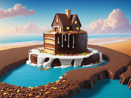 (masterpiece,  best quality:1.3),  8k resolution wallpaper,  top quality,  sweetscape,  full background,  cartoon,  digital illustration,  candy house,  wafer,  door,  no humans,  cinematic lighting,  strong contrast,  (high level of detail),  particles,  jellybean,  grass,  hyperrealistic,  chocolate bar,  chocolate,  outdoors,  building,  (extremely high-resolution details),  (sugar),  (oversized cake:1.2),  dripping,  glaze,  frosting,  whipped cream,  rainbow sea,  tilt shift,  (sugar:1.2),  sweets,  intricate details,  striped,  shadow,  gradient,<lora:EMS-169676-EMS:1.000000>
