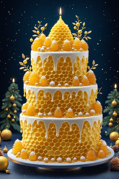 (Masterpiece,  best quality:1.3),  highly detailed,  fantasy,  8k,  sweetscape, dynamic,  cinematic,  ultra-detailed,  sweets,  fantasy,  gorgeous,  digital illustration,  beautiful composition,  intricate details,  highly detailed,  volumetric lighting,  honey,  pancake,  yellow and white theme,  whipped cream,  honeycomb,  sugar,  dramatic lighting,  beautiful,  dripping,  sparkle,  glitter,  dark theme,  dark,  white background,  (glowing),  (glowing cake),  yellow water,  (see-through,  transparent cake),  christmas ornaments,  garland,  miniature scale beehive,  (no humans),  shimmer,  (glaze),  drizzle,  beautiful,  (shiny:1.2),  various colors,  christmas tree,  bloom:0.4,  extremely detailed,  gradients), more detail XL,<lora:EMS-61413-EMS:0.300000>,<lora:EMS-169676-EMS:0.900000>