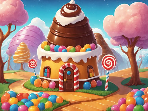 (masterpiece,  best quality:1.3),  8k,  top quality,  fantasy,  (sweetscape),  full background,  cartoon,  colorful,  digital illustration,  vector artstyle,  candy house,  wafer,  door,  no humans,  cinematic lighting, strong contrast, high level of detail,  spiral tower,  piping,  particles,  gummy tree,  marshmallow,  chocolate bar,  jello,  water,  plant,  grass,  honey,  outdoors,  (extremely high-resolution details),  wafer,  bare tree,  seeds,  lollipop tree,  sugar,  ice cream mound,  sugar cookie,  gumball machine,  striped,  bare tree. shadow,  star,  soft serve,  butterfly,  gradient, sweetscape,<lora:EMS-169676-EMS:0.800000>