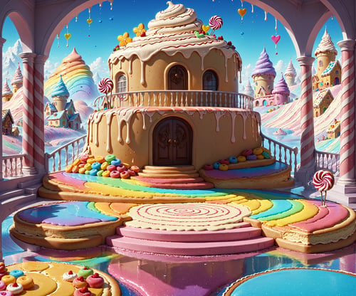 (Masterpiece,  best quality:1.3),  highly detailed,  fantasy,  ,  8k,  candyland,  dynamic,  cinematic,  ultra-detailed,  full background,  indoors,  fantasy,  illustration,  drip,  sparkle,  pancake:1.3),  high-rise staircase,  door,  widow,  curtain, syrup,  couch,  pillow,  round table, reflective floor,  glitter,  scenery,  ((no humans)),  drizzle,  beautiful,  (shiny:1.2),  various colors,  bloom:0.4,  shaped tree outside window,  food,  sweets,  (extremely detailed),  striped,  multicolored theme,  flower,  rainbow,  (gradients),  rounded corners, sweetscape,<lora:EMS-169703-EMS:1.000000>