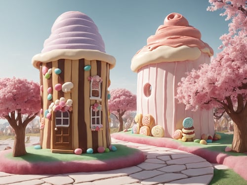 (masterpiece,  best quality:1.3),  8k,  top quality,  sweetscape,  full background,  candy house,  wafer,  door,  no humans,  cinematic lighting, strong contrast, high level of detail,  spiral tower,  piping,  particles,  gummy tree,  marshmallow,  cobblestone,  plant,  grass,  hyperrealistic,  cherry blossom tree,  otherworldly,  outdoors,  (extremely high-resolution details),  wafer,  bare tree,  seeds,  lollipop tree,  sugar,  ice cream mound,  sugar cookie,  gumball machine,  striped,  bare tree. shadow,  star,  soft serve,  butterfly,  gradient, sweetscape,<lora:EMS-169676-EMS:0.800000>