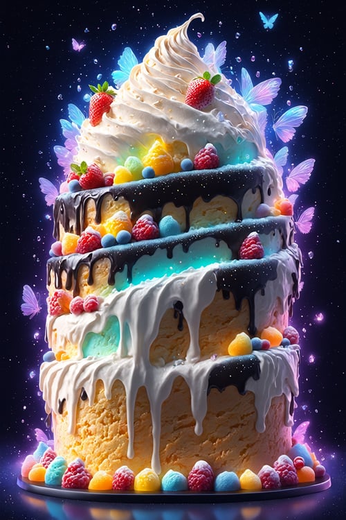 (Masterpiece,  best quality:1.3),  highly detailed,  fantasy,  8k,  sweetscape,  dynamic,  cinematic,  ultra-detailed,  sweets,  fantasy,  gorgeous,  digital illustration,  beautiful composition,  intricate details,  highly detailed,  volumetric lighting,  ice cream,  whipped cream,  sugar,  dramatic lighting,  beautiful,  dripping,  sparkle,  glitter,  dark theme,  multicolored theme,  dark,  black background,  (glowing),  glowing cake,  (see-through,  transparent),  scenery,  (no humans),  shimmer,  drizzle,  beautiful,  (shiny:1.2),  various colors,  bloom:0.4,  extremely detailed,  gradients), more detail XL, niji style, sweetscape,<lora:EMS-61413-EMS:0.300000>,<lora:EMS-169703-EMS:1.200000>