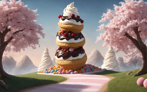 (masterpiece,  best quality:1.3),  8k,  top quality,  sweetscape,  full background,  no humans,  cinematic lighting, strong contrast, high level of detail,  spiral tower,  piping,  particles,  gummy tree,  marshmallow,  cobblestone,  plant,  grass,  hyperrealistic,  cherry blossom tree,  otherworldly,  outdoors,  (extremely high-resolution details),  wafer,  bare tree,  seeds,  lollipop tree,  sugar,  ice cream mound,  sugar cookie,  gumball machine,  striped,  bare tree. shadow,  star,  soft serve,  butterfly,  gradient, sweetscape,<lora:EMS-169676-EMS:0.800000>