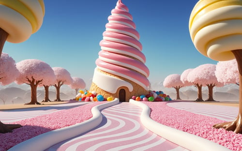 (masterpiece,  best quality:1.3),  8k,  top quality,  sweetscape,  full background,  3d,  no humans,  cinematic lighting, strong contrast, high level of detail,  spiral tower,  piping,  particles,  gummy tree,  marshmallow,  cobblestone,  plant,  grass,  hyperrealistic,  cherry blossom tree,  otherworldly,  outdoors,  (extremely high-resolution details),  wafer,  bare tree,  seeds,  lollipop tree,  sugar,  ice cream mound,  sugar cookie,  gumball machine,  striped,  bare tree. shadow,  star,  soft serve,  butterfly,  gradient, sweetscape, full background,<lora:EMS-169676-EMS:1.000000>
