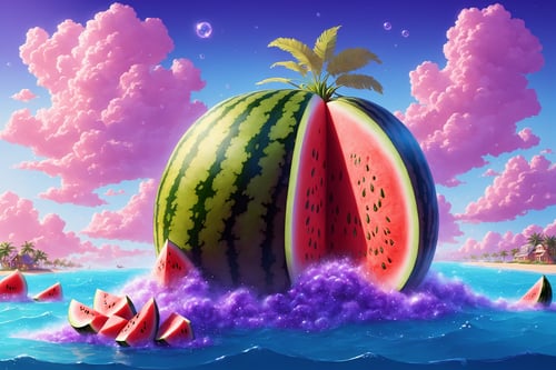 (Masterpiece,  best quality:1.3),  highly detailed,  fantasy,  8k,  2d,  bold lineart,  cartoon,  sweetscape,  dynamic,  cinematic,  ultra-detailed,  sweets,  oversized watermelon,  fantasy,  gorgeous,  vector artstyle,  digital illustration,  beautiful composition,  intricate details,  highly detailed,  volumetric lighting,  house,  iridescent,  water,  tropical beach,  seaside,  fruit,  sky,  purple grass,  cloud,  cookie,  sugar,  dramatic lighting,  beautiful,  drip,  sparkle,  food,  cute,  glitter,  bubble,  see-through,  transparent,  scenery,  (no humans),  shimmer,  drizzle,  beautiful,  (shiny:1.2),  various colors,  bloom:0.4,  extremely detailed,  gradients), more detail XL,<lora:EMS-169703-EMS:0.800000>,<lora:EMS-61413-EMS:0.200000>
