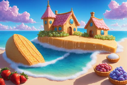 (Masterpiece,  best quality:1.3),  highly detailed,  fantasy,  8k,  sweetscape,  dynamic,  cinematic,  ultra-detailed,  sweets,  fantasy,  gorgeous,  digital illustration,  beautiful composition,  intricate details,  highly detailed,  volumetric,  house,  wafer roof,  iridescent,  ttropical beach,  seaside,  fruit,  sky,  grass,  cloud,  cookie,  sugar,  dramatic lighting,  beautiful,  drip,  sparkle,  food,  cute,  glitter,  bubble,  see-through,  transparent,  scenery,  (no humans),  shimmer,  drizzle,  beautiful,  (shiny:1.2),  various colors,  bloom:0.4,  extremely detailed,  gradients), more detail XL,<lora:EMS-169703-EMS:0.800000>,<lora:EMS-61413-EMS:0.200000>