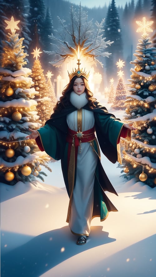 Highly detailed, High resolution scan, Unreal engine, Professional, 64K, UHD, HDR, Movie Poster, Ansel Adams
A stunning winter landscape with snowflakes gently floating down from the sky, amidst a series of Christmas trees, each crowned with a golden five-pointed star. In this serene and magical setting, a historical figure symbolic of peace and spirituality, is gracefully emerging from the snowy backdrop. This figure, depicted with long hair and a beard, is wearing timeless, flowing robes. Around the figure's head is a unique halo, emitting countless rays of light in the shape of snowflakes, adding a mystical and sacred quality to the scene. The Christmas trees, lit with twinkling lights and adorned with festive ornaments, create a joyous and enchanting atmosphere. The background is a tranquil winter scene, bathed in a soft, otherworldly light, enhancing the serene and majestic essence of the setting., Japanese girl, young girl, Detailedface, Cyberpunk,