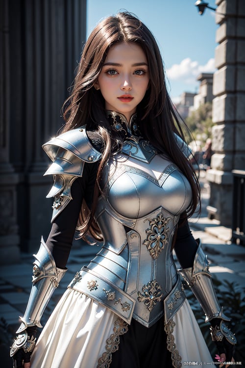 masterpiece, best quality, official art, (1girl, looking at viewer), long hair, mechanical white armor, intricate armor, delicate blue filigree, intricate filigree, red metalic parts, detailed part, dynamic pose, detailed background, dynamic lighting,