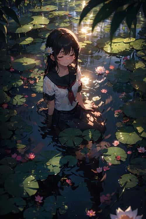 1girl, sitting, pond, light beam, particles, lily pads, lotus flowers, (blurry background), dramatic lighting, wet, dappled sunlight, smile, eyes closed, from above, serafuku