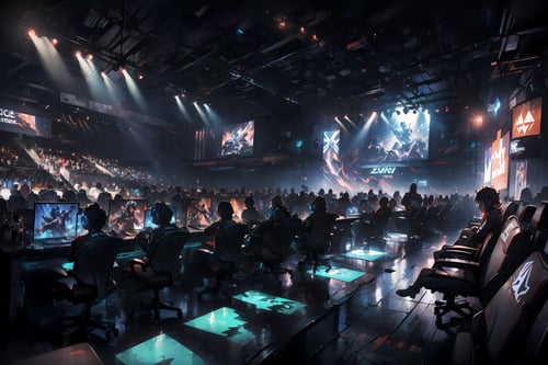 dark neon lights and atmosphere, Depict a scene from a competitive esports tournament, with professional gamers competing on a grand stage. Show the intensity and focus of the players, <lora:LowRA:0.7>