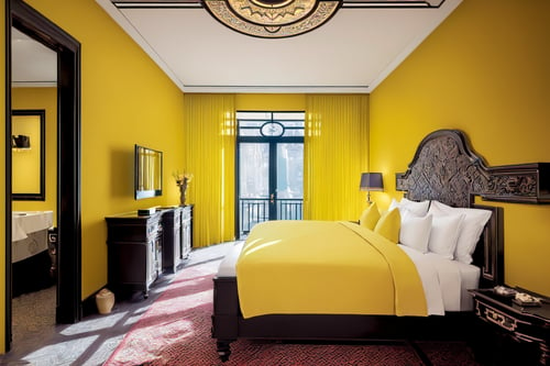 (best quality, masterpiece, high_resolution:1.5), a bedroom in 5star-hotel  with wonderful and luxury interior designing by Bill Bensley. Tantra, sex toys, Yellow color  tone, Wonder of Art and Beauty,FFIXBG,SGBB