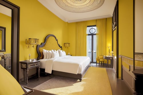 (best quality, masterpiece, high_resolution:1.5), a bedroom in 5star-hotel  with wonderful and luxury interior designing by Bill Bensley. Yellow color  tone, Wonder of Art and Beauty,FFIXBG