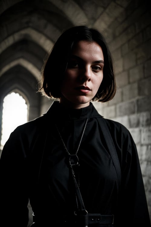 dim light, natural backlighting, in a dark smoky convent room, brutalist, cement, concrete, weird unusual angle full shot of a harness satanist nun, young woman, haunted sinister expression, slightly parting lips