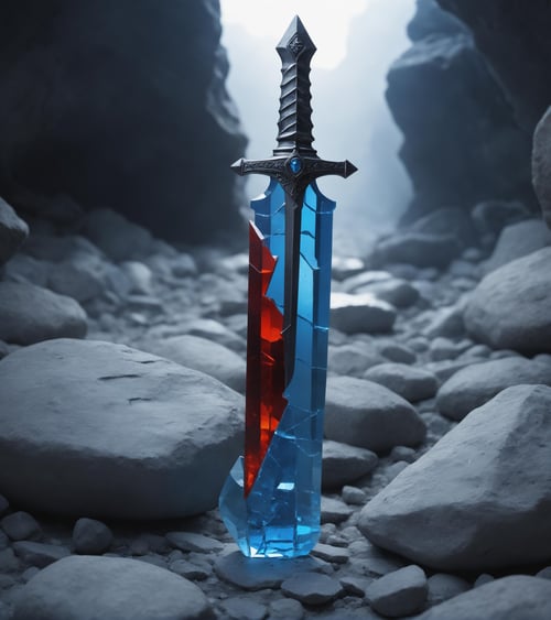 Made_of_pieces_broken_glass transparent sculpture,King Arthur's sword is stuck in a stone, focus on a sword, glass,crack,broken glass,red, amber, cold blue colors, <lora:Made_of_pieces_broken_glass-000001:0.8>