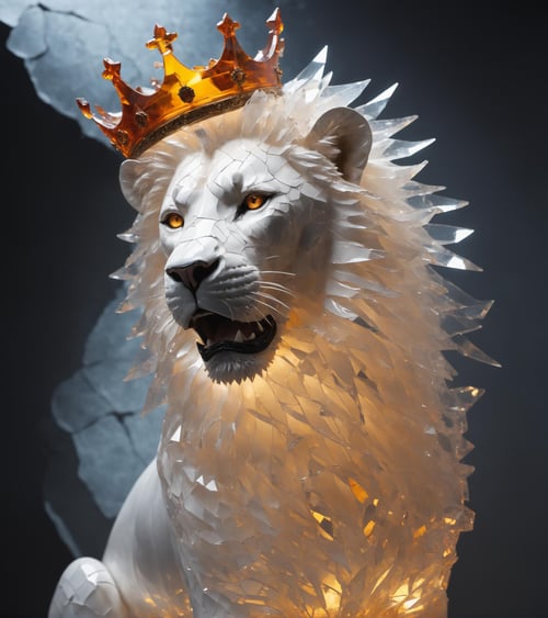 Made_of_pieces_broken_glass transparent sculpture,solo,lion,with a crown on his head, focus on a lion, glass,crack,broken glass,amber light, <lora:Made_of_pieces_broken_glass-000001:0.8>