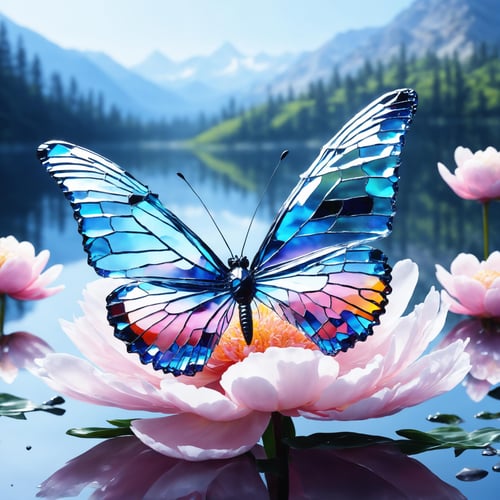 A butterfly made of glass  Made_of_pieces_broken_glass, lake, sitting on a pale pink peony flower,   <lora:Made_of_pieces_broken_glass-000001:1>