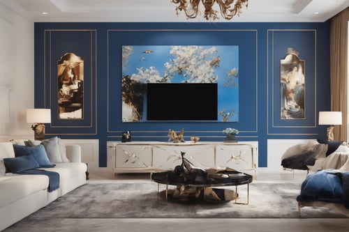 Masterpiece, raw photo, 1 living room , elegant and luxury, modern style. Black, white and blue colors, famous painting on the wall, desk, laptop
,Retouch all bugs,more detail XL,Unique Masterpiece