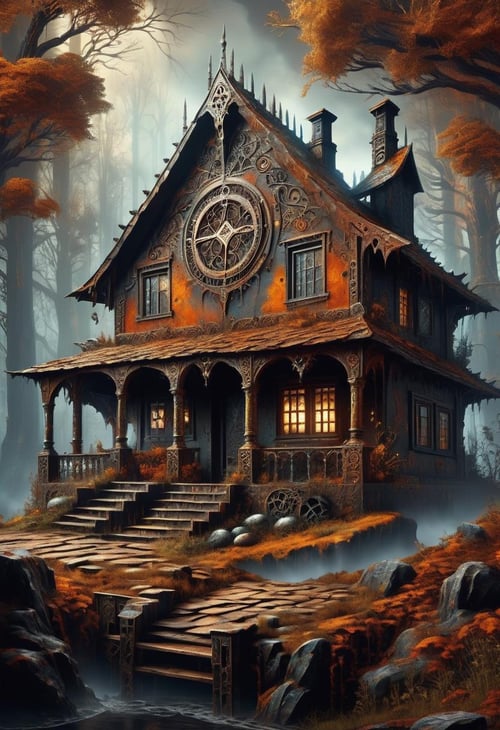 hyper detailed masterpiece, dynamic, awesome quality,DonM0ccul7Ru57XL unpredictable cottage ,rust,occult<lora:DonM0ccul7Ru57XL-000006:1.0>