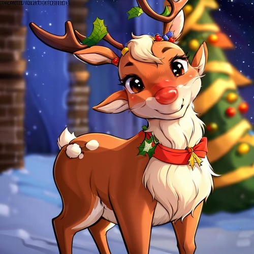 <lora:twistedscarlett60_style:0.8>,((masterpiece,best quality)), absurdres, <lora:Rudolf_Red_Nose:0.8>, Rudolf_Red_Nose, solo, Reindeer, animal focus, full body,  solo, smile, looking at viewer,  Christmas, Christmas tree