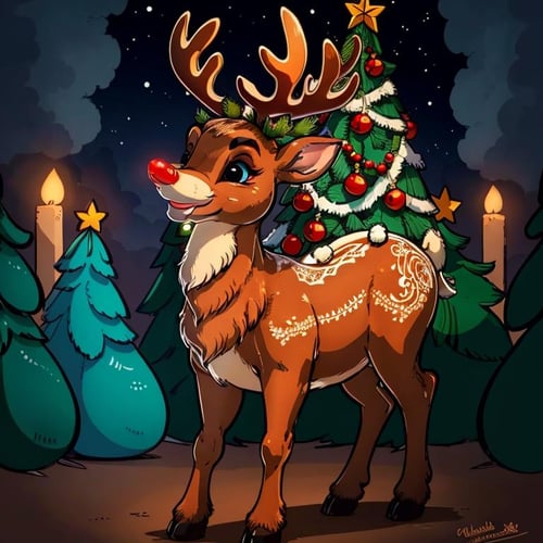 <lora:Zankuro_AnyLora_Dim32:0.8>,((masterpiece,best quality)),  <lora:Rudolf_Red_Nose:0.8>, Rudolf_Red_Nose, solo, Reindeer, animal focus, full body,  solo, smile, looking at viewer,  Christmas, Christmas tree