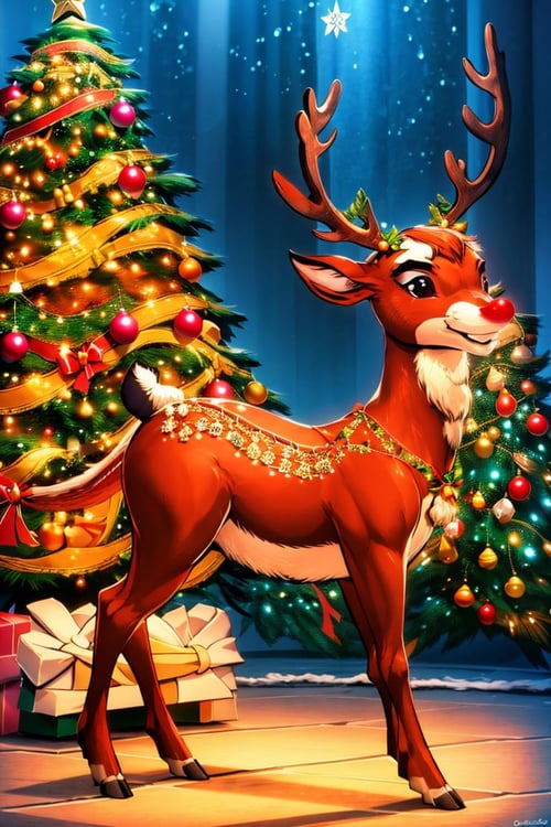<lora:Genzoman_Style_Dim64:0.6>,((masterpiece,best quality)), absurdres, <lora:Rudolf_Red_Nose:0.8>, Rudolf_Red_Nose, solo, puppet, Reindeer, animal focus, full body,  solo, smile, looking at viewer,  Christmas, Christmas tree