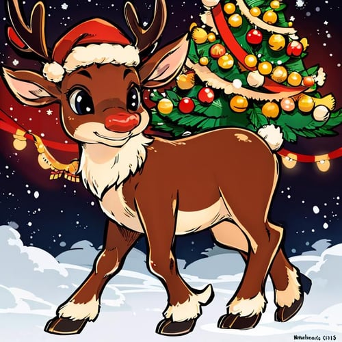 <lora:Zankuro_AnyLora_Dim32:0.8>,((masterpiece,best quality)), absurdres, <lora:Rudolf_Red_Nose:0.8>, Rudolf_Red_Nose, solo, Reindeer, animal focus, full body,  solo, smile, looking at viewer,  Christmas, Christmas tree