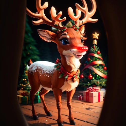 <lora:ricegnat_style:0.8>,((masterpiece,best quality)),  <lora:Rudolf_Red_Nose:0.8>, Rudolf_Red_Nose, solo, Reindeer, animal focus, full body,  solo, smile, looking at viewer,  Christmas, Christmas tree