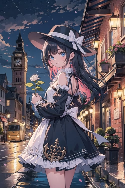 (masterpiece), scenery, night, 1girl, solo, flower, holding flower, hat, blue eyes, holding, white flower, outdoors, dress, black hair, looking at viewer, black dress, clock tower, long hair, bangs, building, smile, blush, hat flower, closed mouth, frills, long sleeves, earrings, jewelry, cloud, standing, plant, frilled dress, tower, white rose, bare shoulders, rose, colored inner hair, detached sleeves, analog clock, lamppost, bow, hat bow, multicolored hair