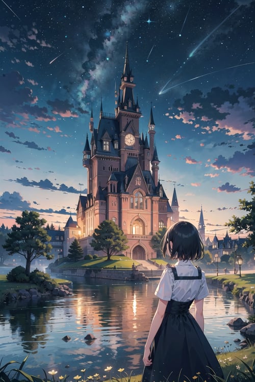 (masterpiece), 1girl, black hair, cloud, day, dress, fantasy, castle, no humans, outdoors, shirt, short hair, short sleeves, sky, standing, starry sky, tree, water, from behind, glowing