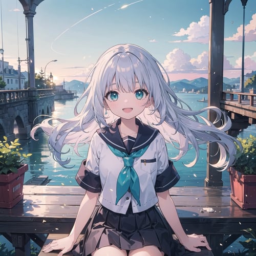 (masterpiece), scenery, upper body, 1girl, wavy hair, floating hair, smile, sitting, open mouth, light particles, silver hair, aqua eyes, looking at viewer, face focus