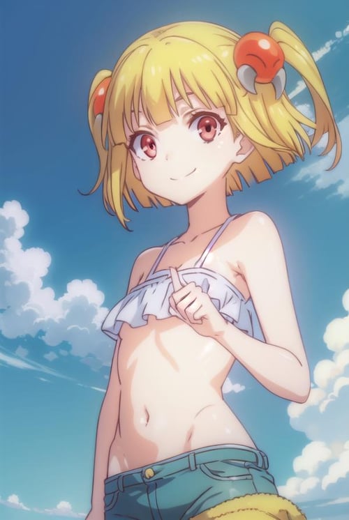 pattythesummer, <lora:patty the summer-lora-nochekaiser:1>,patty the summer, short hair, blonde hair, (red eyes:1.3), twintails, two side up, hair ornament, smile,BREAK navel, bare shoulders, shorts, midriff, short shorts, denim, blue shorts, denim shorts,BREAK outdoors, forest, nature, sun, sky, clouds,BREAK looking at viewer, (cowboy shot:1.5),BREAK <lyco:GoodHands-beta2:1>, (masterpiece:1.2), best quality, high resolution, unity 8k wallpaper, (illustration:0.8), (beautiful detailed eyes:1.6), extremely detailed face, perfect lighting, extremely detailed CG, (perfect hands, perfect anatomy),