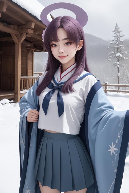 (masterpiece:1.3), (absurdres:1.3), (best quality:1.3), (ultra-detailed:1.3), snow, outdoors, standing, upper body, smile, <lora:yukari-fi-08:1>, 1girl, yukari-fi, halo, purple hair, wide sleeves, white shirt, white serafuku, sailor collar, blue kimono, open kimono, blue skirt, 