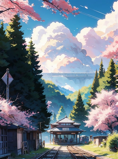 Beautiful pastel background wallpaper, blue sky, clouds, sunshine, ocean, beach, train, railroad crossing, old train station, detailed trees, cherry blossoms, detailed background, 8k, details, ultra realistic, pastelbg, clear water, water way, ,breakdomain, (yumi,1girl, 19years old korean girl, standing by the railroad, in a yellow one-piece short dress),