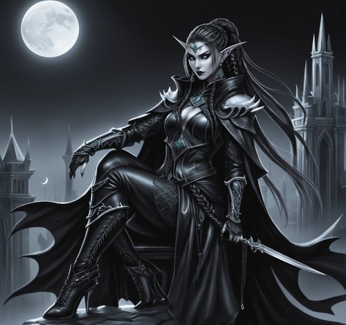 Evil ugly female grey elf fantasy assassin perched in the shadows, black sclera, pale grey skin color, no eye color, wide hips, face half in dark shadow, elf ears, magical jewelry, light grey and black hair with braids, epic spiked leather and bone rogue armor with cloak, black shadows, moonlight, high resolution background of gothic city with spirits haunting, LegendDarkFantasy, <lora:LegendDarkFantasy-000001:0.7>