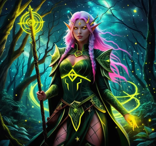 an elfven magician woman (skin covered glowing runes:1.5), she holds a staff,  casting a spell in a mysterious dark forest, light pink hair, yellow eyes, dark starry sky,  <lora:add-detail-xl:1.5>, LegendDarkFantasy, <lora:LegendDarkFantasy-000001:0.75> 