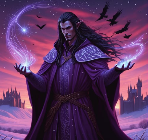 close up shot of an elven  man in a glowing magical robe covered runes,he casting a magic spell, he staing in a field lightly dusted with snow, a huge dark castle is visible in the background, long dark hair,  (light purple skin tone), (perfectly drawing hands:1.2), red sky, black crows are circling in the sky, LegendDarkFantasy, <lora:LegendDarkFantasy-000001:0.6>