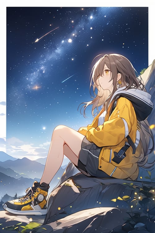 cinematic photo (masterpiece),  (best quality),  (ultra-detailed),  stelle,  honkai: star rail,  official art,  1girl,  solo,  gouache,  starry sky,  mountain,  long hair,  hoodie,  shorts,  sneakers,  yellow eyes,  tsurime,  sitting on a rock,  stargazing,  milky way,  shooting star,  tranquil night.,  illustration,  disheveled hair,  detailed eyes,  perfect composition,  moist skin,  intricate details,  earrings . 35mm photograph,  film,  bokeh,  professional,  4k,  highly detailed