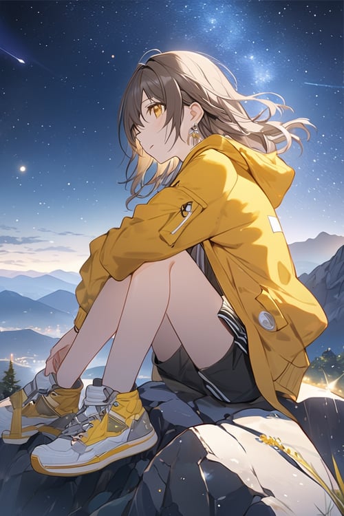 cinematic photo (masterpiece),  (best quality),  (ultra-detailed),  stelle,  honkai: star rail,  official art,  1girl,  solo,  gouache,  starry sky,  mountain,  long hair,  hoodie,  shorts,  sneakers,  yellow eyes,  tsurime,  sitting on a rock,  stargazing,  milky way,  shooting star,  tranquil night.,  illustration,  disheveled hair,  detailed eyes,  perfect composition,  moist skin,  intricate details,  earrings . 35mm photograph,  film,  bokeh,  professional,  4k,  highly detailed