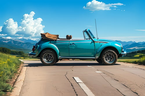 ((masterpiece, best quality, ultra-detailed, very fine 8KCG wallpapers)), volkswagen type1 cabriolet, (convertible car roof is open), daylight, just a few clouds and blue sky, unpaved road, rural landscape with mountains visible in the distance,