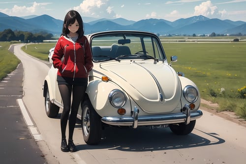 ((masterpiece, best quality, ultra-detailed, very fine 8KCG wallpapers)), 1 girl, solo, red volkswagen type1 cabriolet, (convertible car roof is open), cute girl is standing next to the car, daylight, just a few clouds and blue sky, unpaved road, rural landscape with mountains visible in the distance, nice hands, perfect hands,