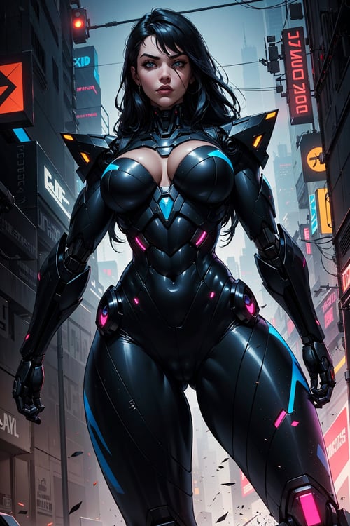1girl, (black suit, mecha suit, muscular), long hair, biomechanical, complex robot, insane fine details, Extremely sharp lines, cyberpunk aesthetic, curvy hip