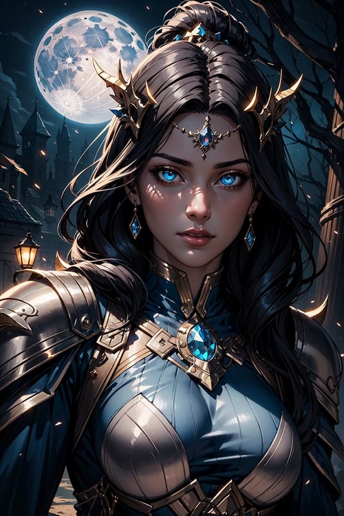 1girl, The moonlight shines down upon it, bringing with it swirling magical lights, the forbidden tree, blue moon, dynamic lighting, Armor, head ornaments, fantasy concept art,upper body, detailed face, detailed eyes, sharp pupils, (detailed background)