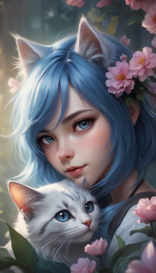 Beautiful girl with a furry cat, blue hair, by Artgerm cartoon, background flowers <lora:fix_hands:0.8>