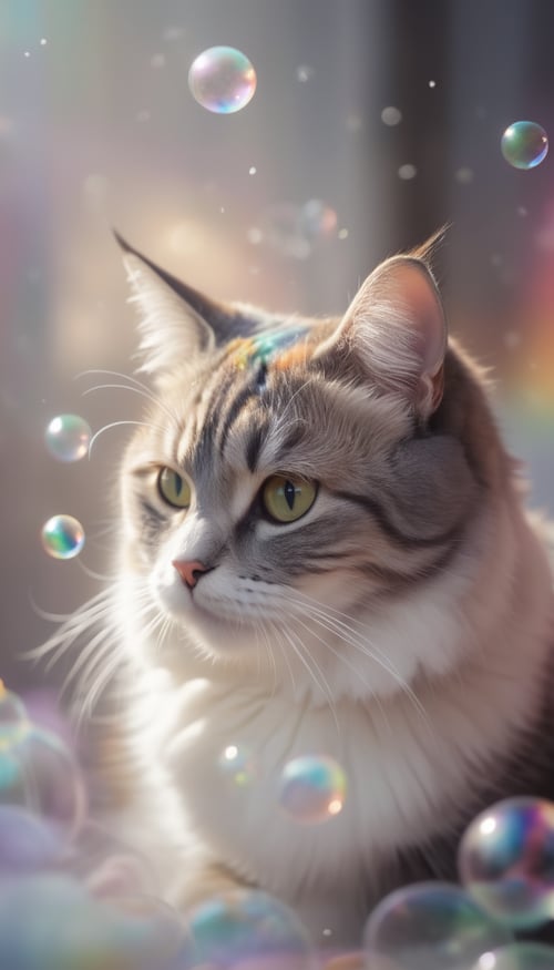 Fluffy cute cat surrounded by white foam, around many large soap bubbles shimmering with rainbow colors, festive atmosphere, harmony of light and shadows, detail, cinematic lighting, blurred background with colored bokeh lights, high quality, 16k