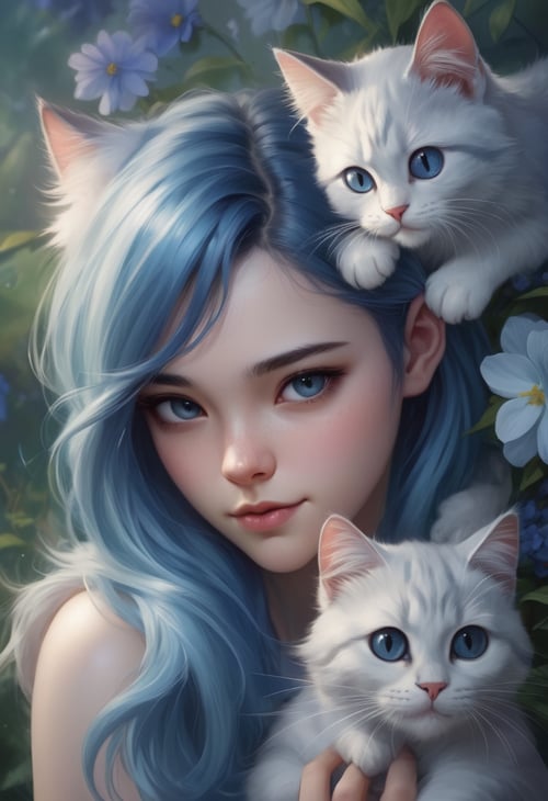 Beautiful girl with a furry cat, blue hair, by Artgerm cartoon, background flowers <lora:fix_hands:0.8>