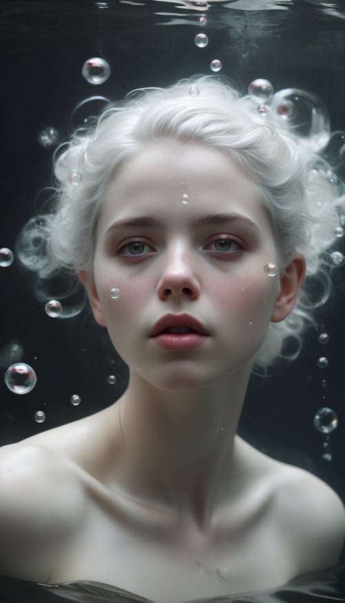 portrait of a woman under water, pale white skin and pale white hair, open red eyes, dynamic pose, dreamy, bubbles, soap bubbles, pearls, water beads, high quality, painting by Eve Ventrue and Mark Molchan, masterpiece, sleepy face, floating in deep water, dark water